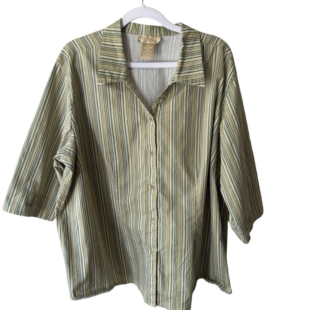 Cotton Ginny Plus Size Sage L Green Blouse Vertical Stripes and Short Sleeves